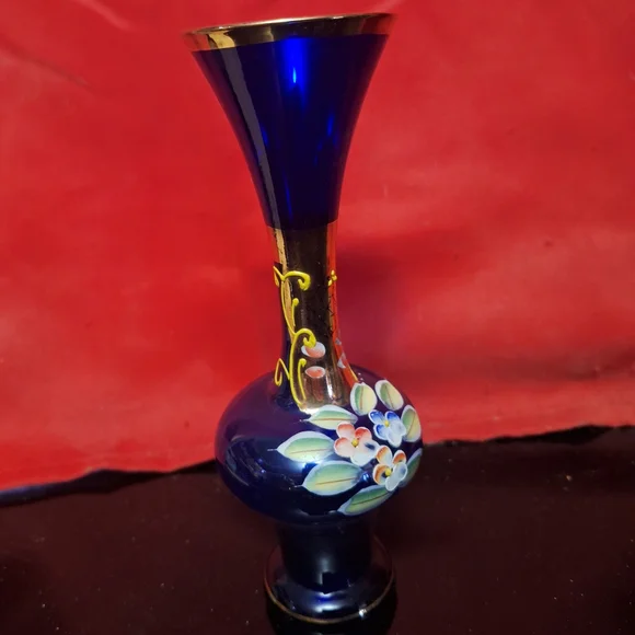 Vintage Bohemian Cobalt Blue Bud Vase – Hand-Painted Gold & Floral – 8" - Picture 3 of 11